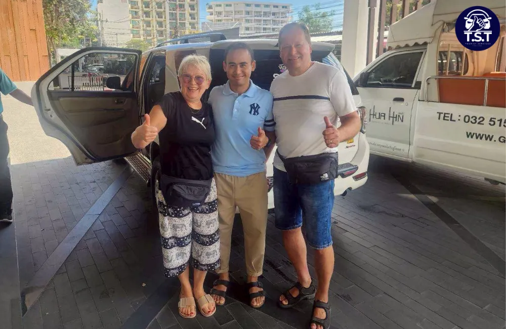 Customer with TST travelling staff beside a clean private vehicle in Hua Hin Thailand